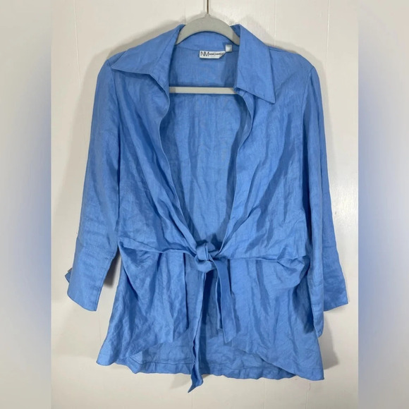 Neiman Marcus 100% Linen Light Blue Open Front Tie Waist Wrap Blouse Size Small - Picture 1 of 12